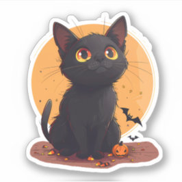 Adesivo Gato de Halloween na frente da Lua com Jack-o-Lant