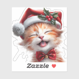 Adesivo Gato de Natal bonito com Chapéu Santa e Arco