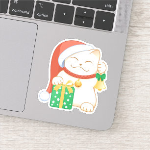 Adesivo Gato de Natal Branco num Chapéu Vermelho