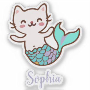 Adesivo Gato de Sereia Cuta Girly Script Meowmaid Purrmaid