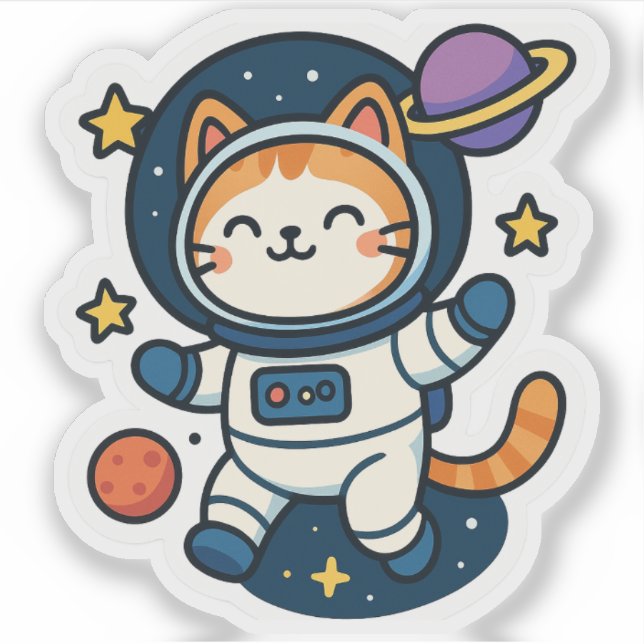 Adesivo Gato do Astronauta Kawaii Flutuando no Espaço (Frente)