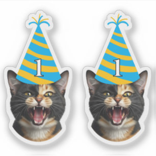 Adesivo Gato Engraçado Vestido de Aniversário - Cara e Ida