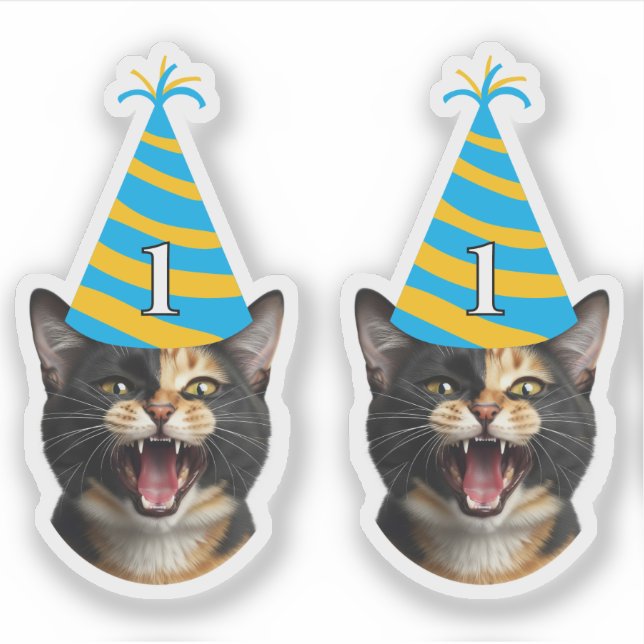 Adesivo Gato Engraçado Vestido de Aniversário - Cara e Ida (Frente)