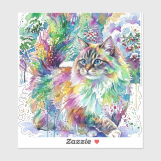 Adesivo Gato Fofo Arco-Íris Caprichoso em Aquarela de Inve