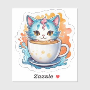 Adesivo Gato Fofo Com Caneca De Café Design De Desenho-946