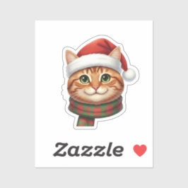 Adesivo Gato Fofo com Chapéu de Papai Noel e Cachecol de T