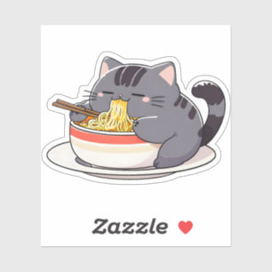 Adesivo Gato Fofo e Gorducho Apreciando Macarrão Ramen