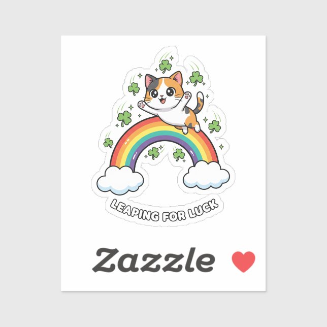 Adesivo Gato Fofo Pulando sobre o Arco-íris Kawaii St Patr (Folha)