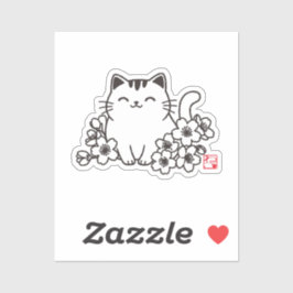 Adesivo Gato japonês bonito e Sakura com Carimbo Neko