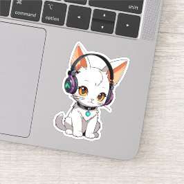 Adesivo Gato Kawaii Adorável com Fones de Ouvido