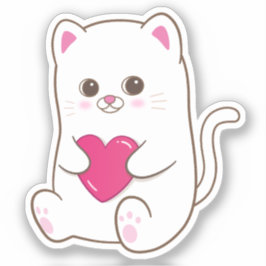 Adesivo Gato Kawaii Fofo Coração Rosa Dia dos Namorados