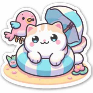 Adesivo Gato kawaii fofo na praia