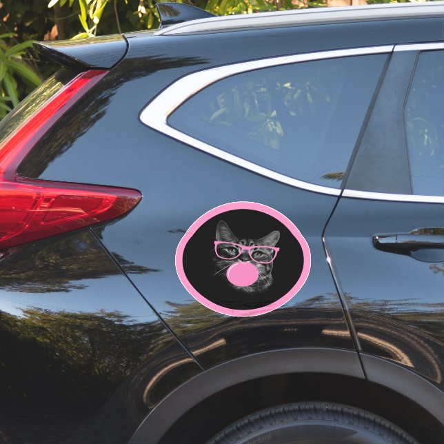 Adesivo Gato legal com Óculos Rosa e Goma-Bolha (Lado do carro)