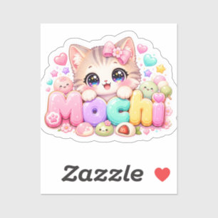 Adesivo Gato Mochi Kawaii Fofo Nome Rosa Pastel Brilhante 