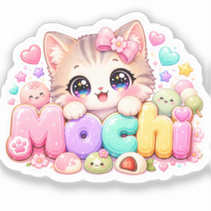 Adesivo Gato Mochi Kawaii Fofo Nome Rosa Pastel Brilhante 