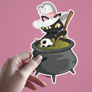 Adesivo Gato Negro Bonito com Chapéu de Bruxa Fazendo Poçã