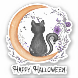 Adesivo Gato Negro e Lua Crescente para Feliz Halloween