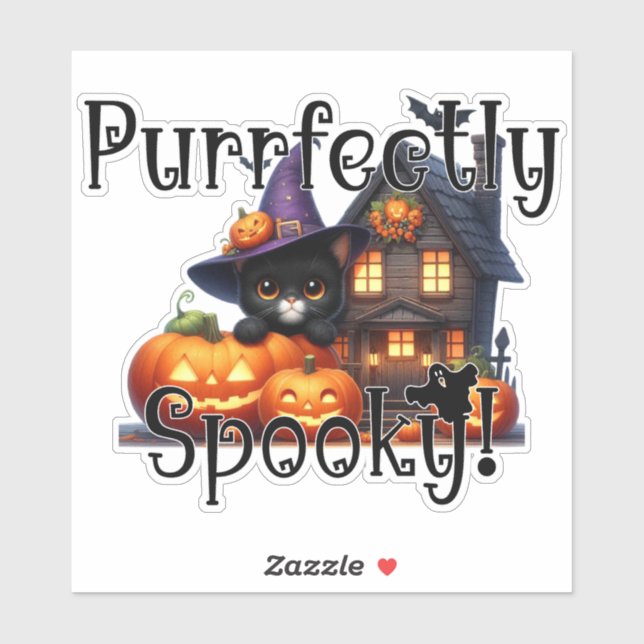 Adesivo Gato Negro Puramente Spooky com Chapéu de Bruxa (Folha)