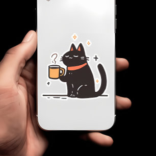 Adesivo Gato Negro Simples e Engraçado com Café