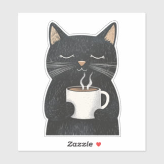 Adesivo Gato Negro Sonolento com uma taça de café Boho