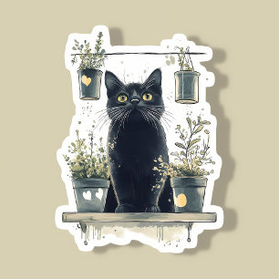 Adesivo Gato Negro Whimsso numa Prateleira Vegetal