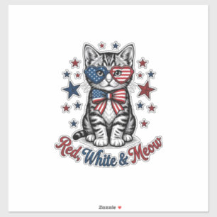 Adesivo Gato Patriótico Vermelho Branco e Meow Design Vint