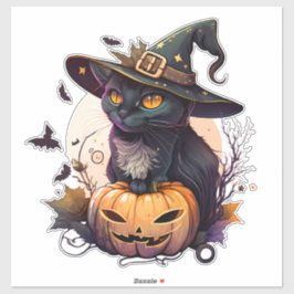 Adesivo Gato Preto Bonito com Pumpkin e Morcegos Feiticeir