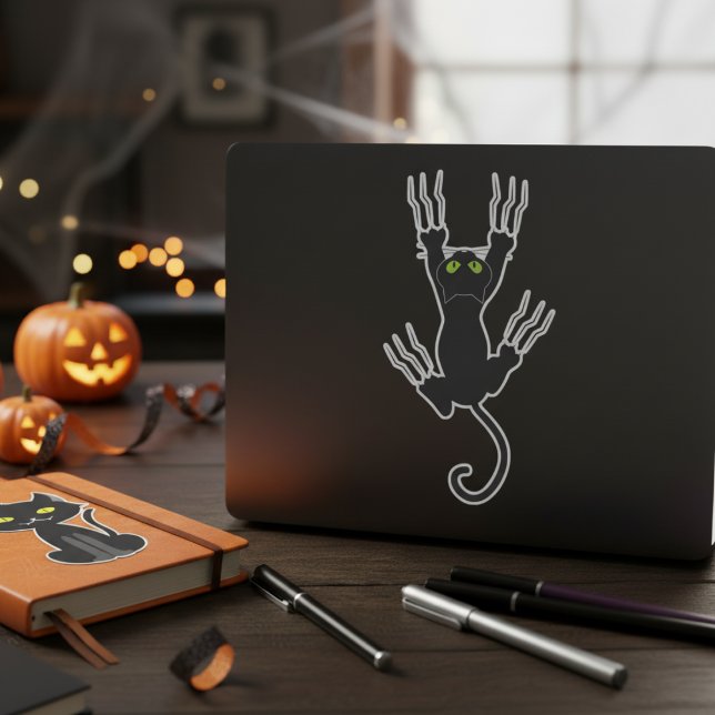 Adesivo Gato Preto do Dia das Bruxas Sorragias (Spooky Whiskers Halloween Black Cat Sticker)