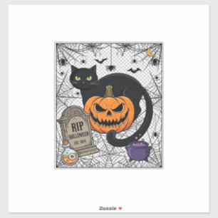 Adesivo Gato Preto do Halloween Abóbora Lápide Caldeirão