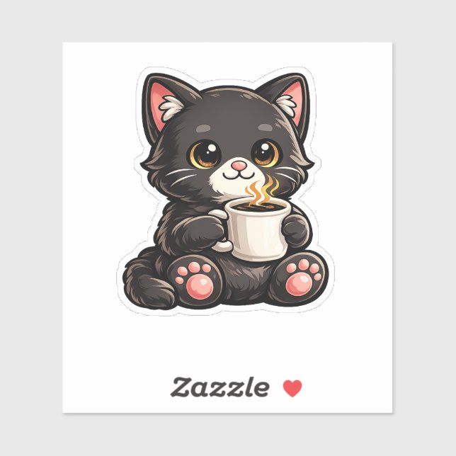 Adesivo Gato Preto Fofo com Café (Folha)
