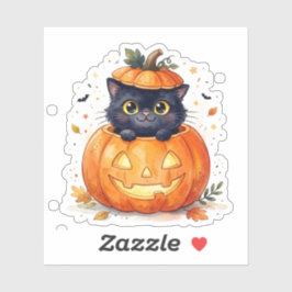 Adesivo Gato Preto Fofo em Abóbora de Halloween