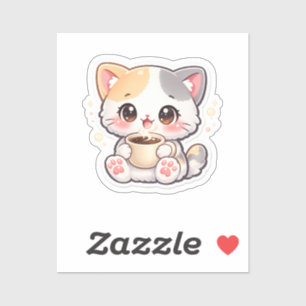 Adesivo Gato Retangular de Café Kawaii – Gatinho Fofo