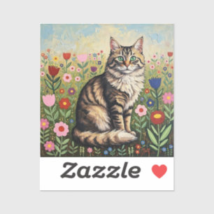 Adesivo Gato Tabby Cinza Fofo e Flores de Arte Popular