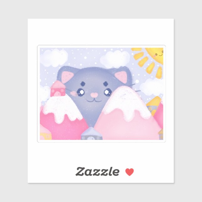 Adesivo Gato Whimsso e Montanhas de Inverno com Sol Gelado (Folha)