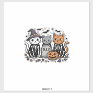 Adesivo Gatos de Esqueleto Fofo de Halloween Gravura Vinta