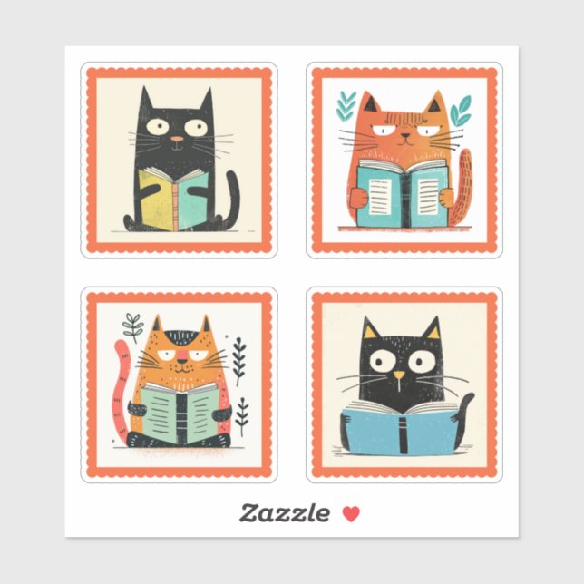 Adesivo Gatos De Nerdy Bonitos A Ler Livros Whimsic Stamp  (Folha)