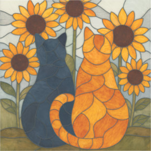 Adesivo Gatos de Vidro Colorido e Design de Arte de Girass