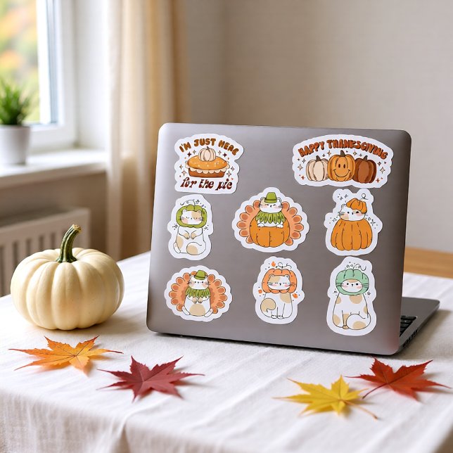 Adesivo Gatos Kawaii, de Ação de Graças (Cute Kawaii Thanksgiving Cats Pumpkin Pie Autumn Sticker)