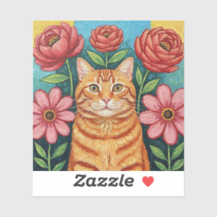 Adesivo Gatos Laranja Arte Folclórica Flores