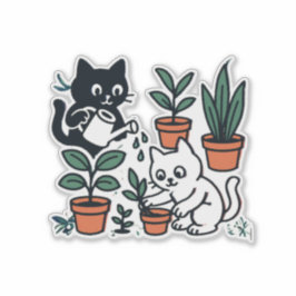 Adesivo Gatos Pretos e Brancos Cultivando Plantas