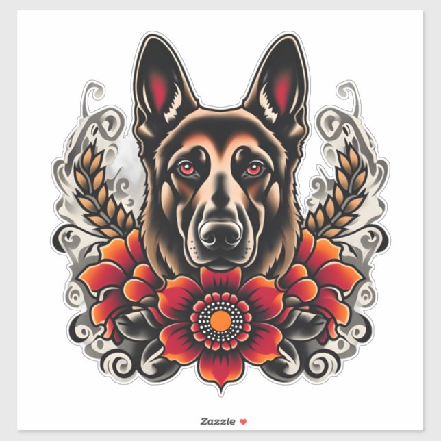 Adesivo German shepherd com flores (Folha)