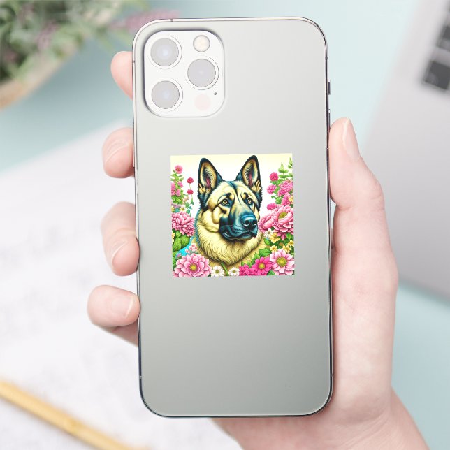Adesivo German shepherd nas Flores Rosa na Arte (Telefone)