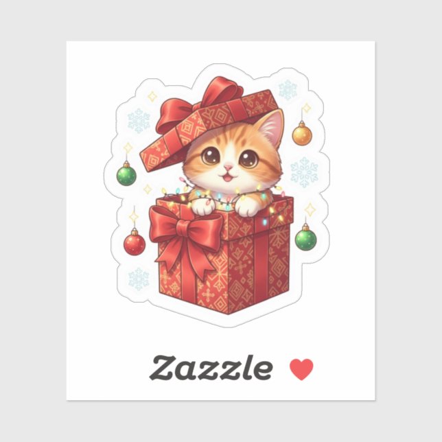 Adesivo Gift Box Surprise Cute Cat Popping Out Christmas  (Folha)