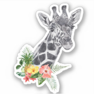 Adesivo Girafa de Aquarela com Buquê Tropical
