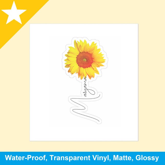 Adesivo Girassol Amarelo (Etiqueta Cuta) Nome manuscrito (handwritten name sticker, floral name label, personalized sunflower decal, cute name stickers, happy)