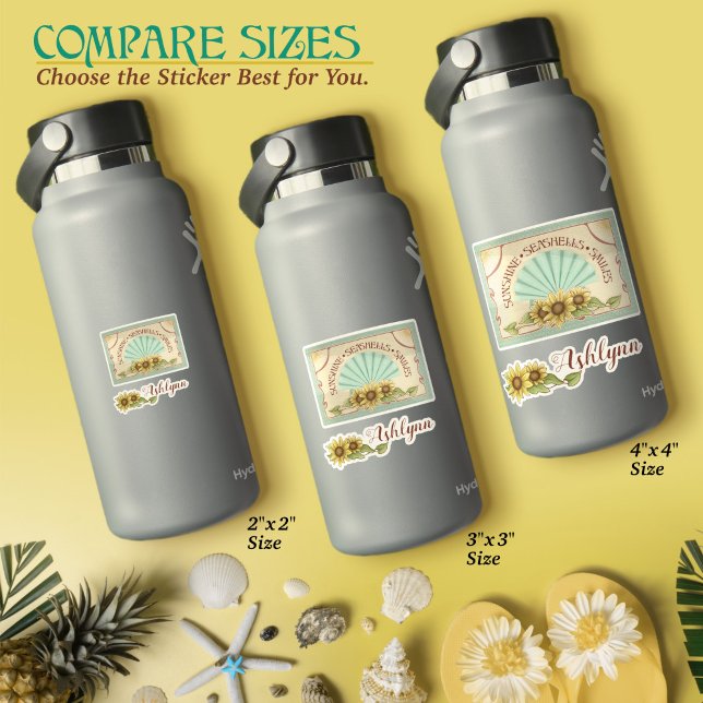 Adesivo Girassol Concha Vibrações Vintage Nome Personaliza (Sunflower Seashell Smiles–Vintage Vibes Personalized Name Sticker Sheet)