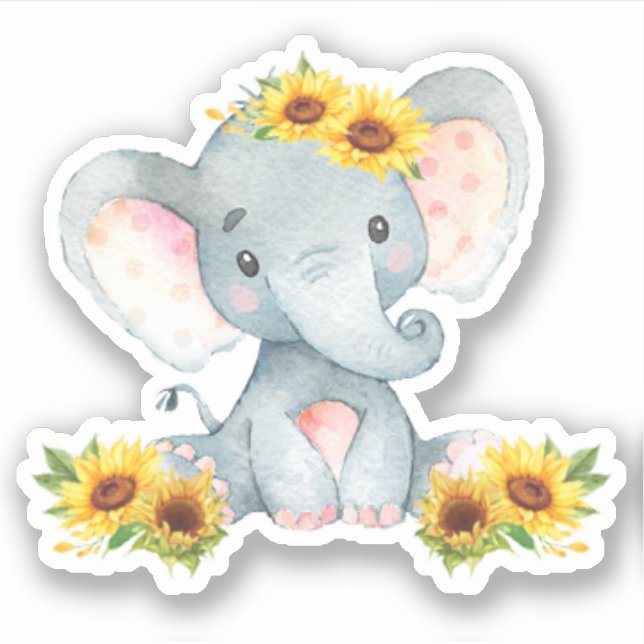 Adesivo Girassol Floral Cute Bebê Elefante Cortado Vinil (Frente)