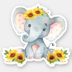 Adesivo Girassol Floral Cute Bebê Elefante Cortado Vinil