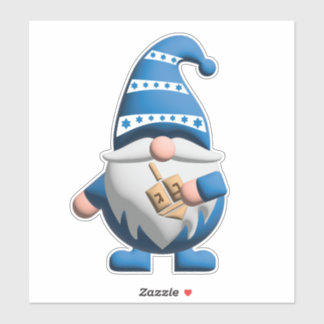 Adesivo Gnome de Hanukkah Azul Branco segurando Dreidel