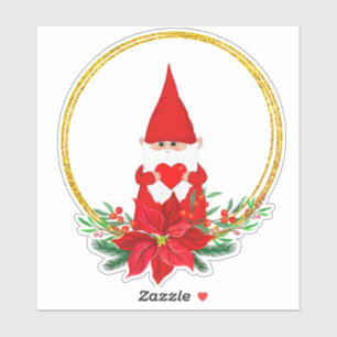 Adesivo Gnomo de Natal & Poinsettia em Círculos Dourados 